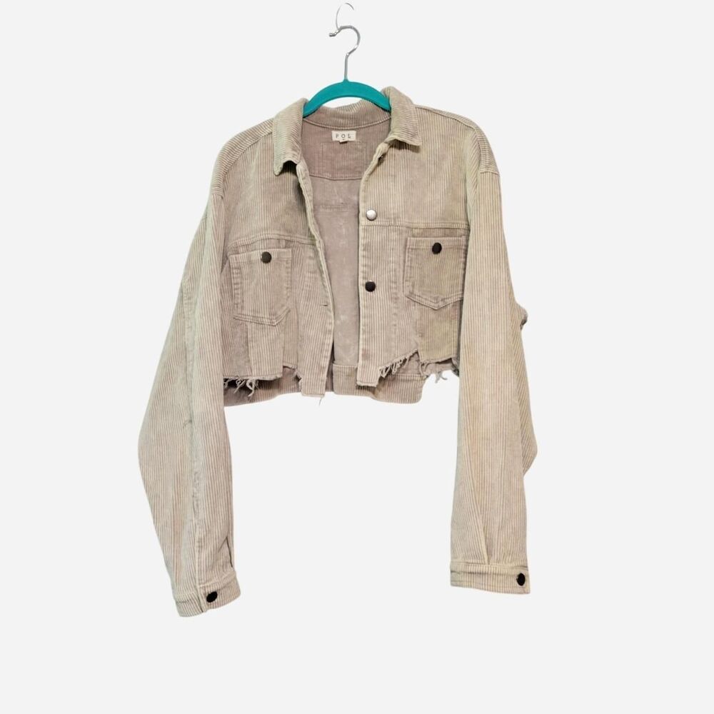 Pol Women's Cotton Crop Oversized Distressed Beige Corduroy Jacket Boho Grunge